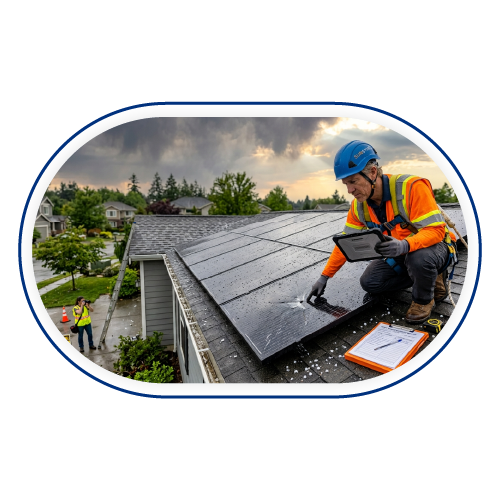 Solar panel inspection after a hailstorm showing a professional checking a residential solar system