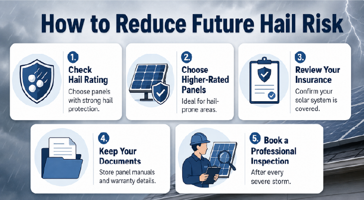 Infographic showing five ways to reduce future hail risk for solar panels, including checking hail ratings, choosing higher-rated panels, reviewing insurance, keeping documents and booking professional inspections