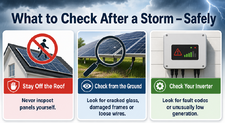 Infographic showing three safe steps after a storm: stay off the roof, check solar panels from the ground, and check the inverter for fault codes